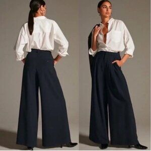 Maeve Navy Wide-Leg Pleated Trousers